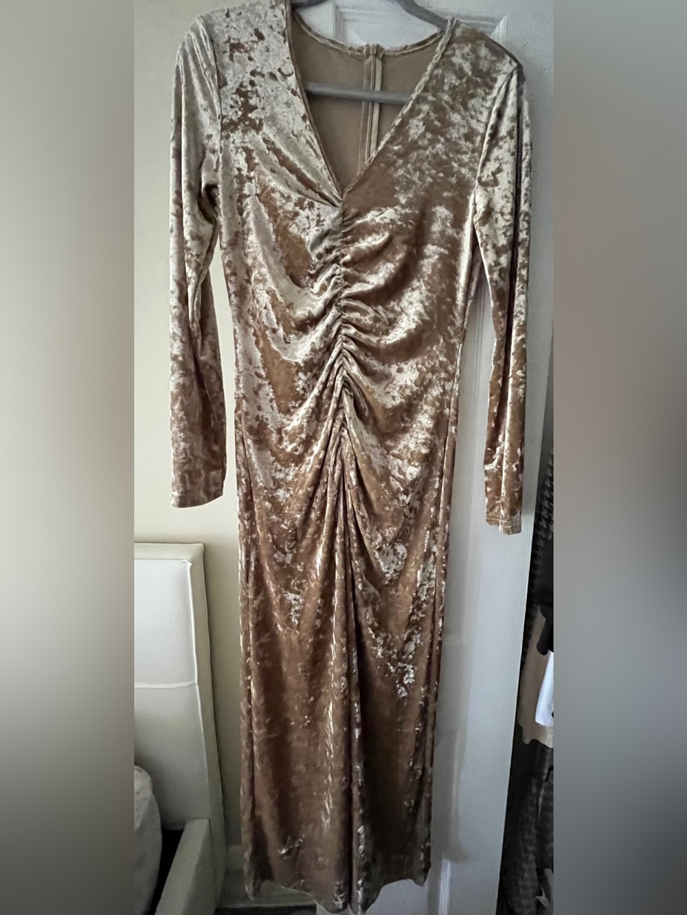 Source Unknown Crushed Velvet Ruched Long Sleeve Maxi Dress in Taupe